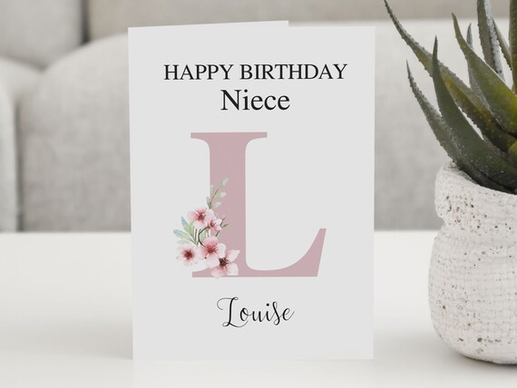Happy Birthday Niece Louise Pink Floral Initial L Gift Card Print