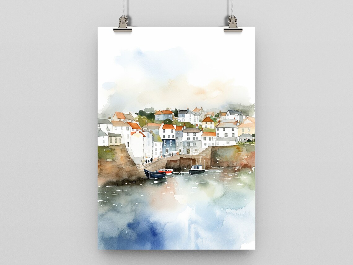 Seaside Town Scene Watercolor Art Print, Coastal Decor