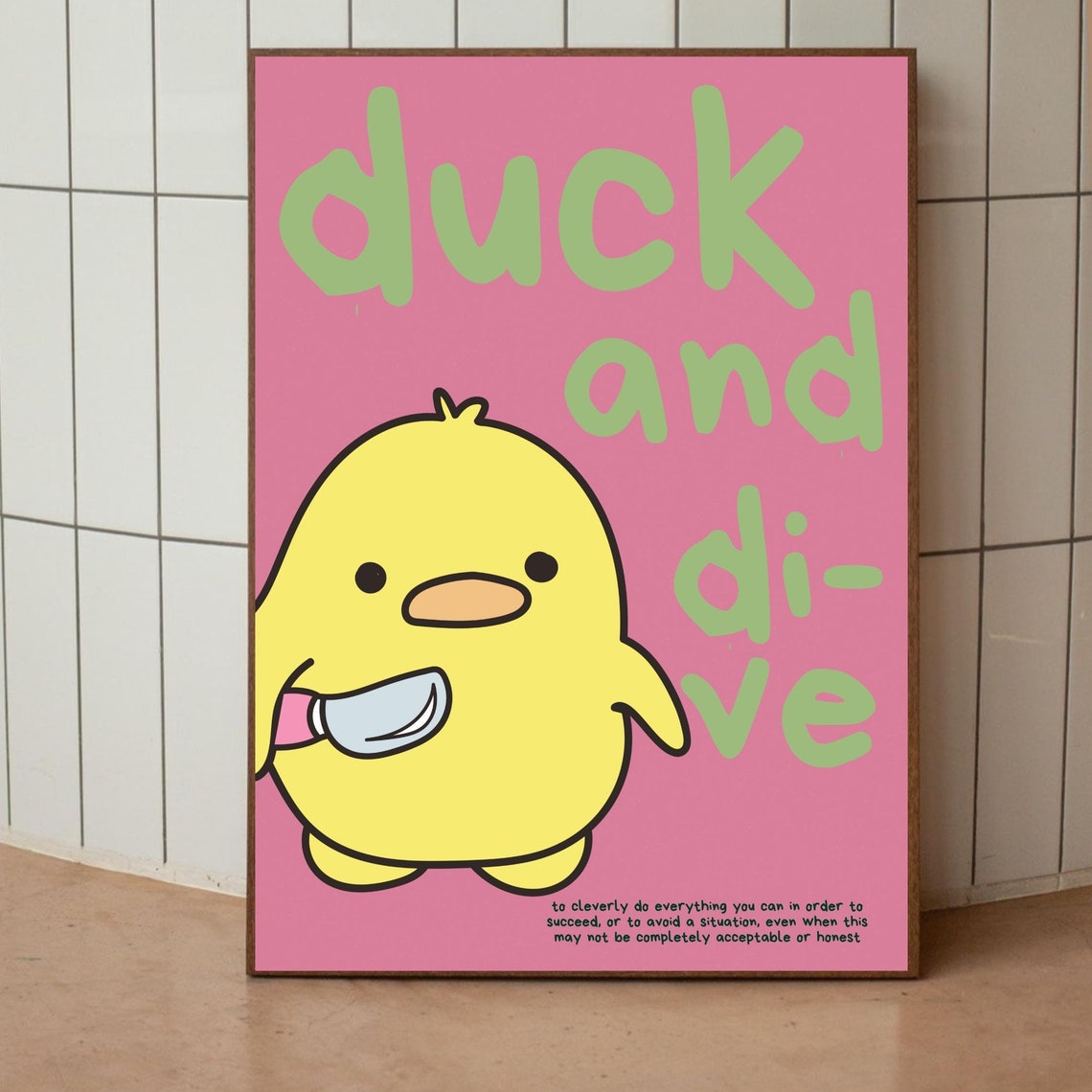 Duck And Dive Cute Duckling Dictionary Definition Pink Poster