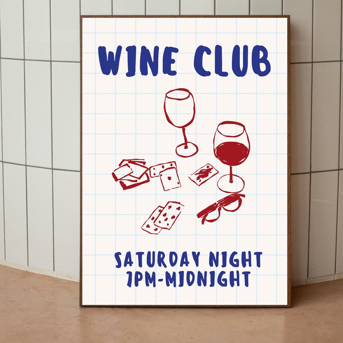 Wine Club Saturday Night Hand Drawn Wine Glass Sketch Poster