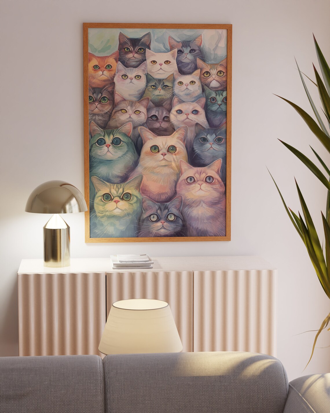 Watercolor Crowd of Colorful Cat Faces in Pastel Hues Poster - Image 3