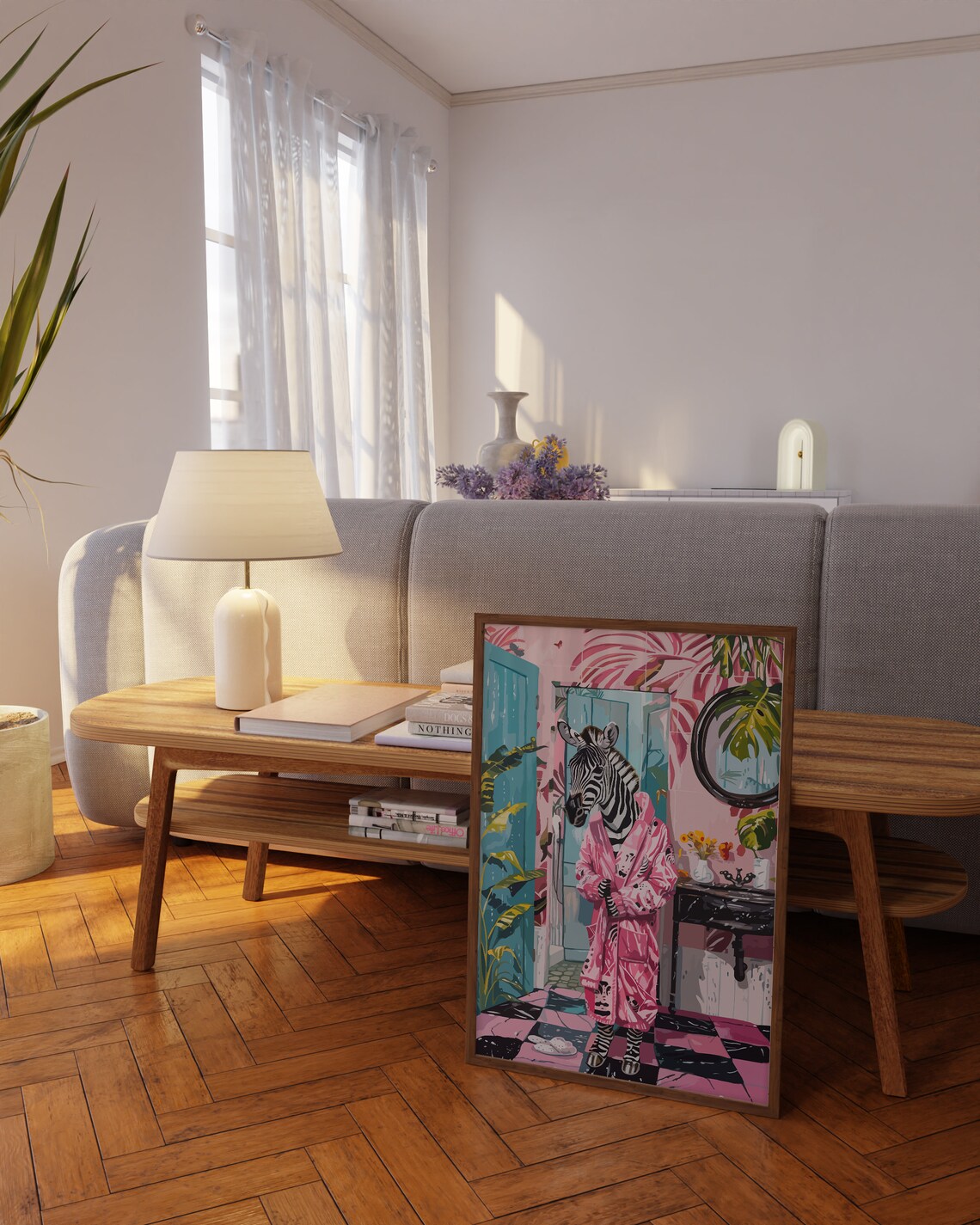 Zebra in Pink Robe Tropical Bathroom Funny Eclectic Zebra Wall Art - Image 3