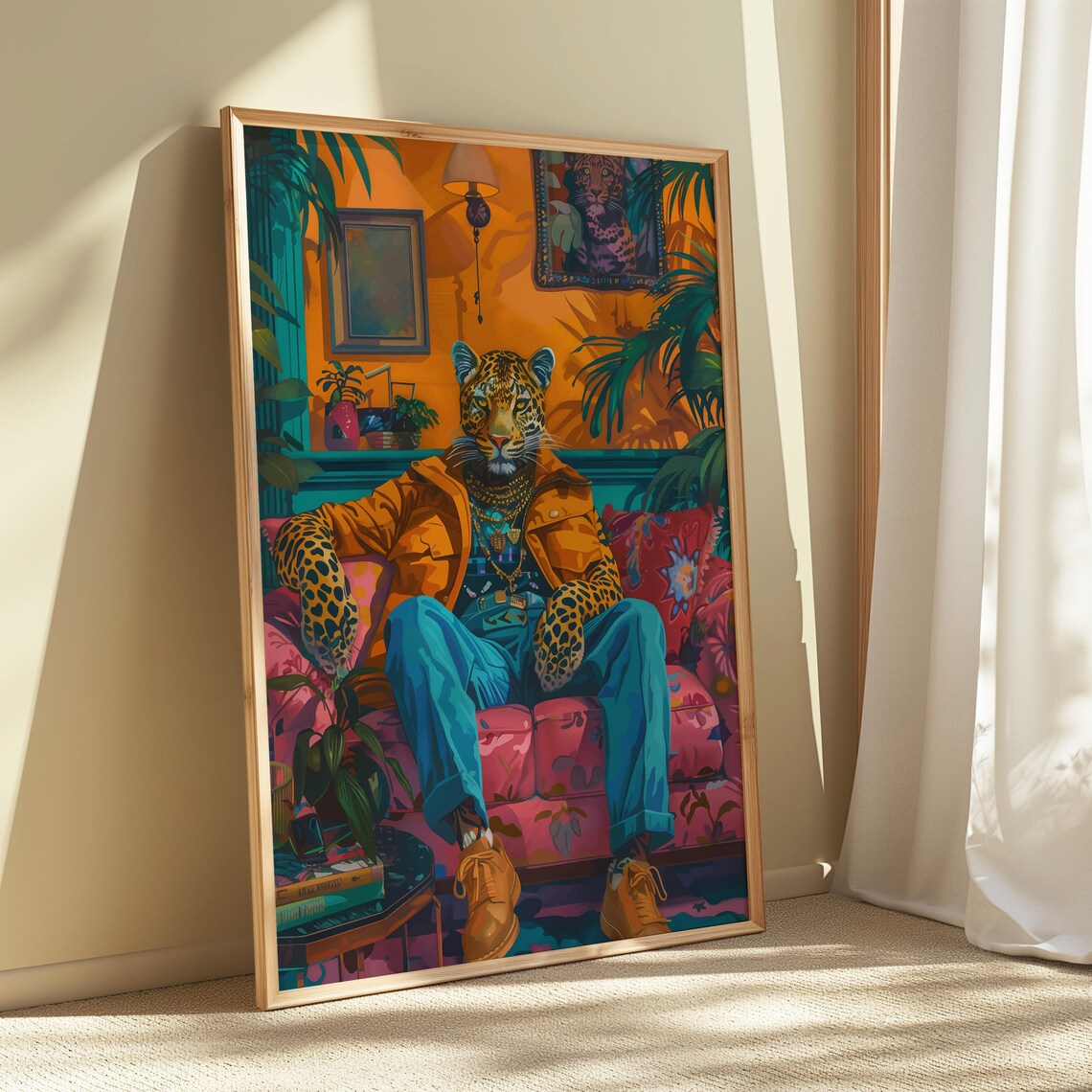 Leopard in Jacket and Jeans Lounging Tropical Room Eclectic Poster - Image 3