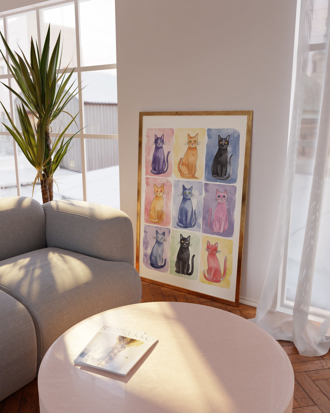 Nine Watercolor Cats in a Pastel Grid for Cute Apartments Poster - Image 3