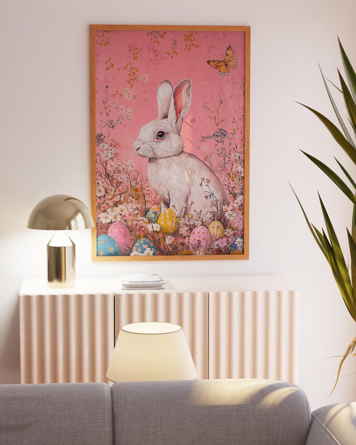 White Bunny in Wildflower Field With Eggs and Butterfly Poster - Image 4