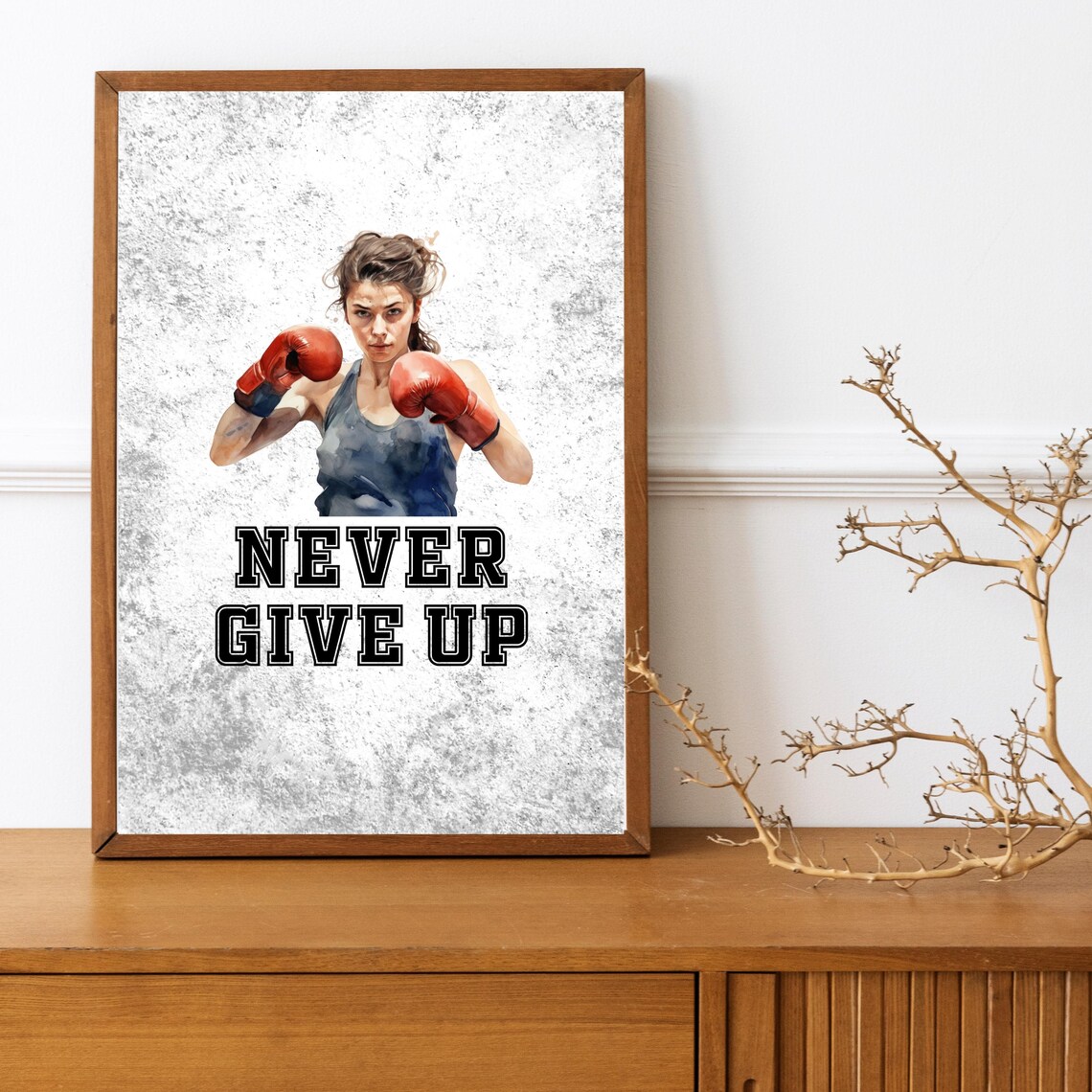 Never Give Up Woman Boxer Red Gloves Sports Motivational Print - Image 6