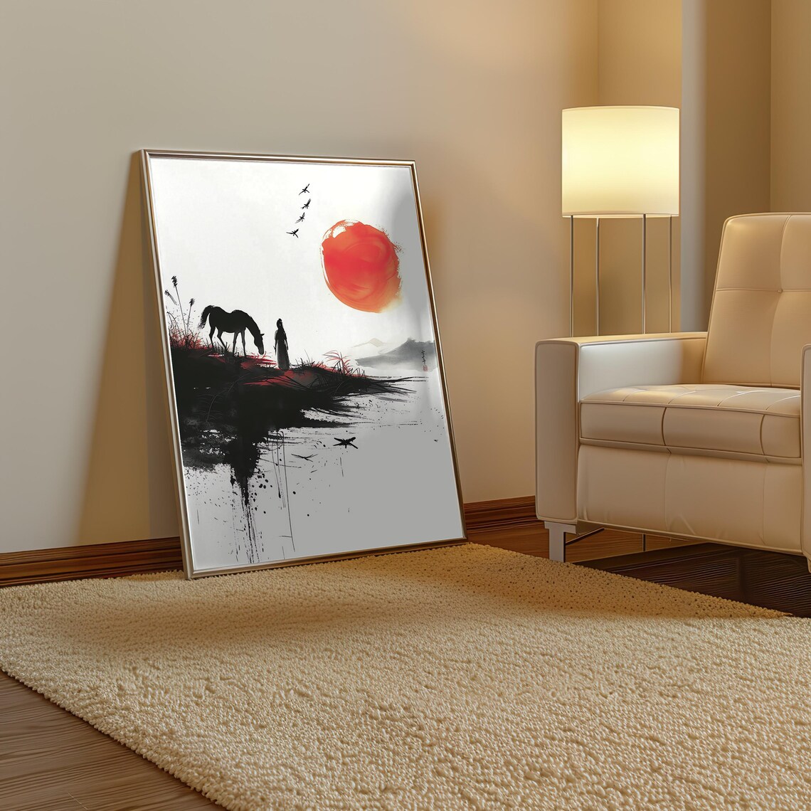 Red Sun Black Horse Japanese Ink Wash Painting Zen Art Poster