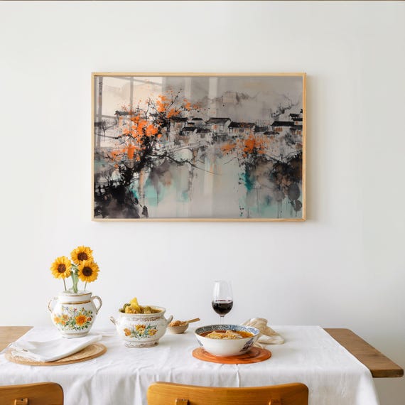 Rural Watercolor Art Orange Tree Painting Ink Drawing Impressionist Expression Monochrome Pastel Vibe Artistic Poster