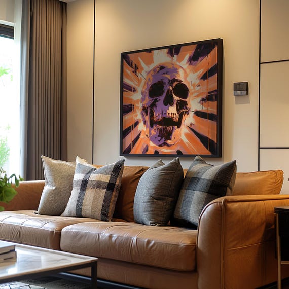 Maximalist Skull Poster Psychedelic Sunburst Art Neon Vibrant Acrylic Painting Glossy 190 Screen Print Highly Detailed