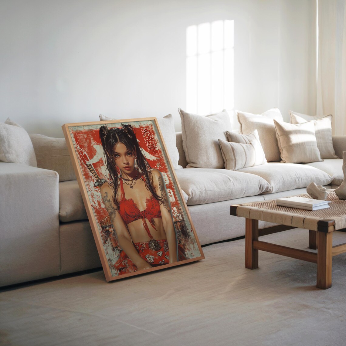 Cinematic Anime Woman With Katana In Red Graffiti Art Poster