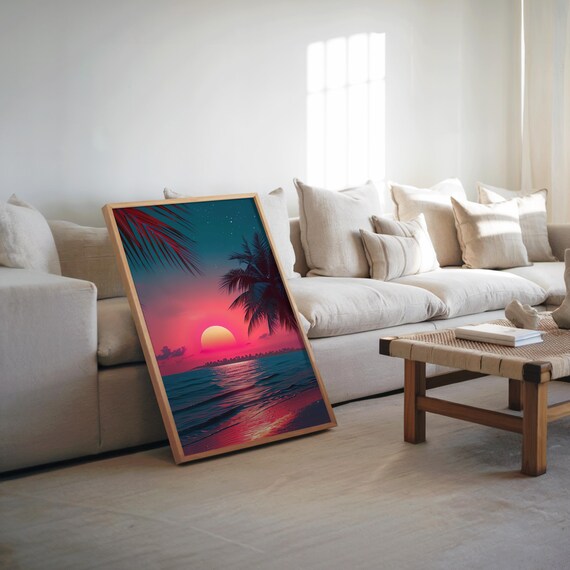 Synthwave Beach Sunset Poster Palm Trees Neon Retro Wave Art