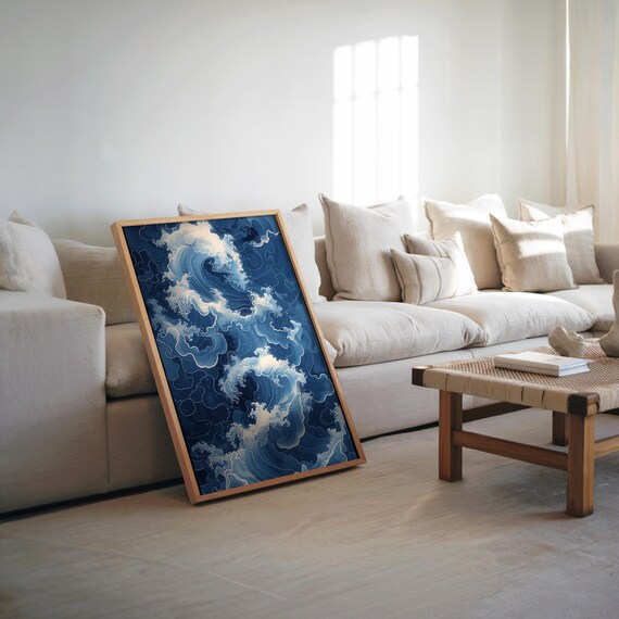 Deep Blue Ocean Wave Japanese Style Glossy Nautical Art Poster