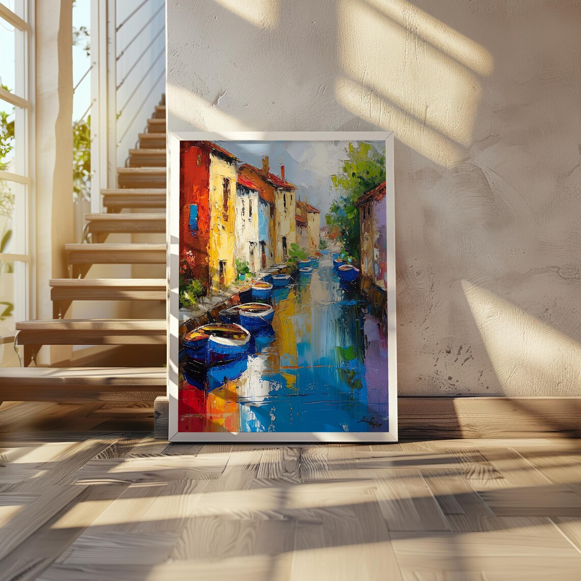 Colorful Canal With Blue Boats Impressionist Village Art Poster