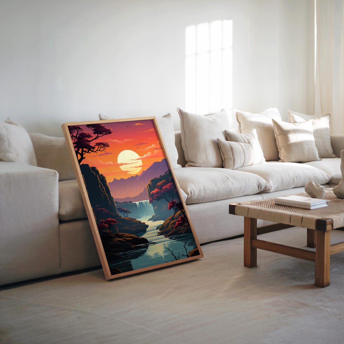 Sunset Waterfall Retro Futurism Pixel Art Japanese Landscape Poster