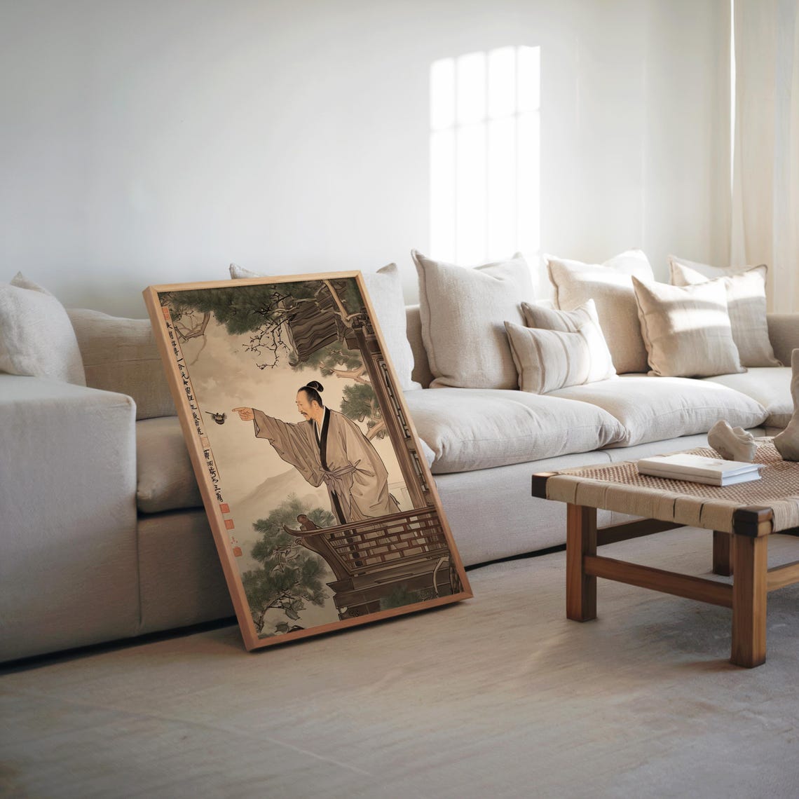 Asian Ink Painting Scholar Pavilion Bird Pine Watercolor Poster