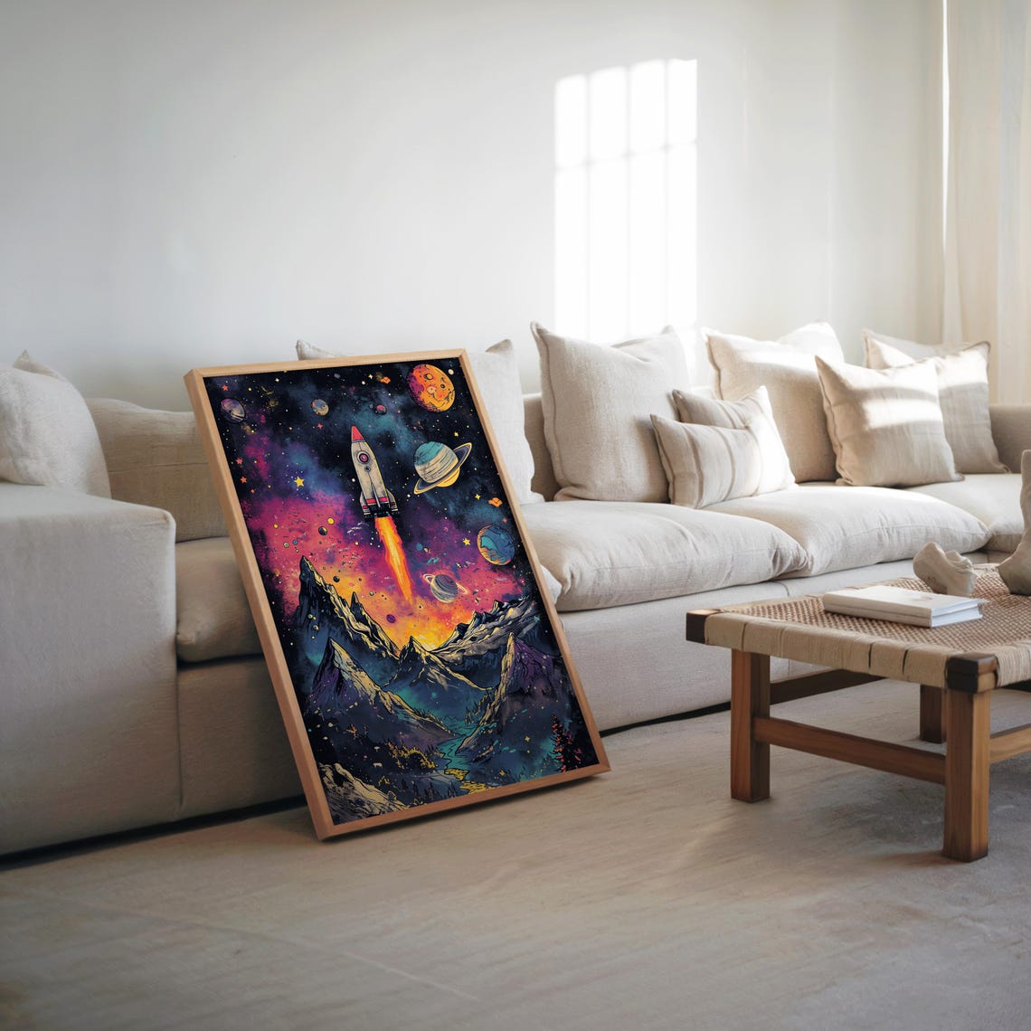 Psychedelic Rocket Launch Over Mountains Colorful Space Poster