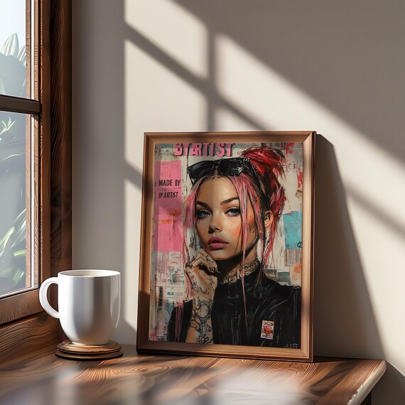 Pink Haired Tattooed Woman Collage Portrait Fashion Art Poster