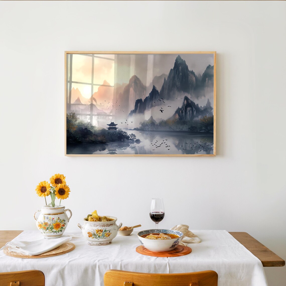 Misty Asian Mountain Pagoda By Lake Sunrise Ink Wash Landscape Poster