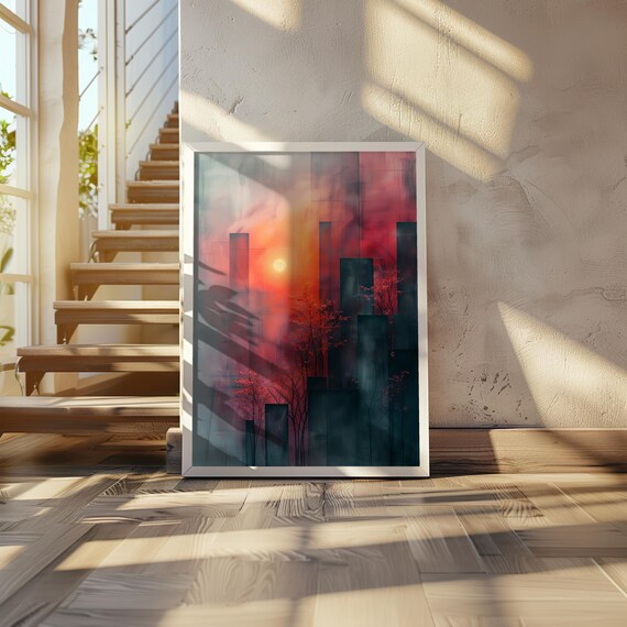 Cityscape Poster Tall Buildings Art Tree Impressions Brutalism Style Impressionist Painting Vibrant Muted 20 X 28