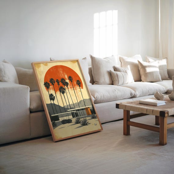 Midcentury Modern House Palm Trees Poster Screen Print Vector Art Warm Tones Retro Vibe Vintage Wall