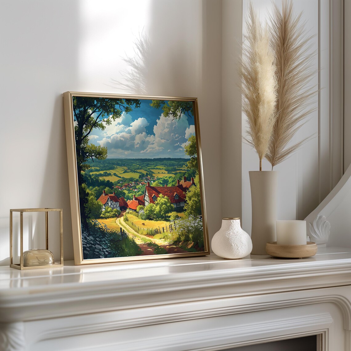 Golden Countryside Village Green Valley Summer Landscape Poster
