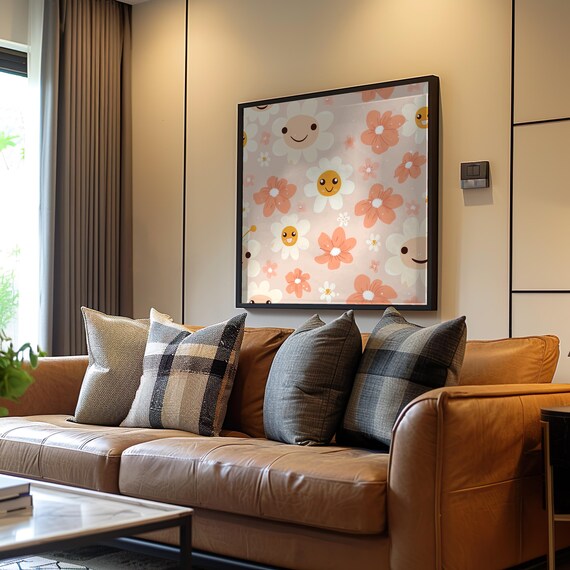 Kawaii Smiling Flowers Pattern Coral Pastel Cute Floral Decor Poster
