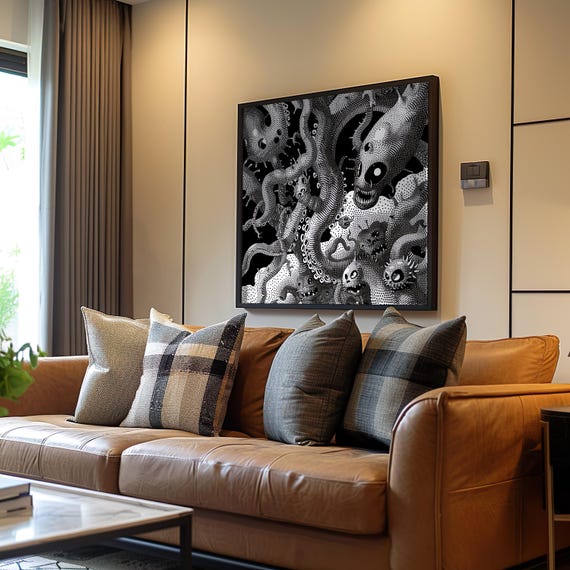 Psychedelic Octopus Group Poster Black White Screen Print 3d Render Art Highly Detailed Texture Noisy Vibe