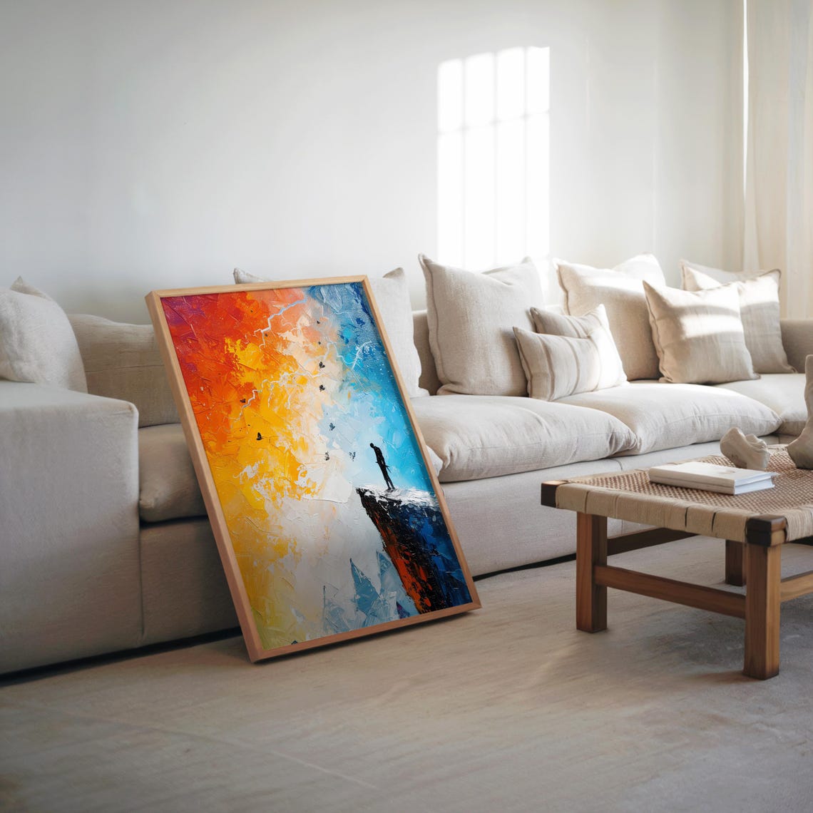 Lone Figure Standing Cliff Edge Fire and Ice Abstract Art Poster