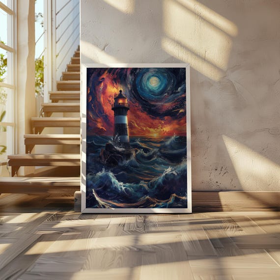 Impressionistic Psychedelic Lighthouse Poster Dreamy Ocean Art Vibrant Palette Detailed Oil Painting Pastel 20 X 28