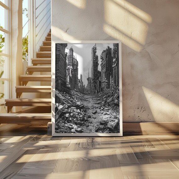 Black And White Brutalism Retrofuturism Ink Drawing Urban Cityscape Poster Gritty Art Detailed Decay 20 X 28