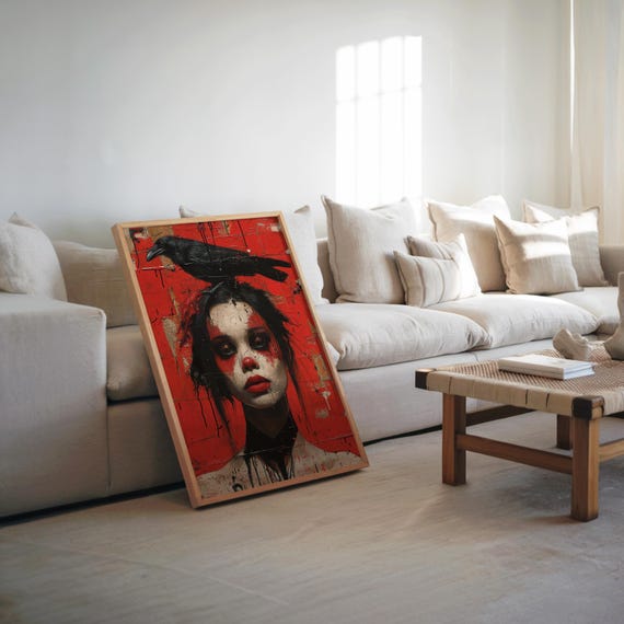 Maximalist Photorealistic Oil Painting Collage Crow Woman Poster Warm Tones Monochrome Gritty Cinematic Art Print