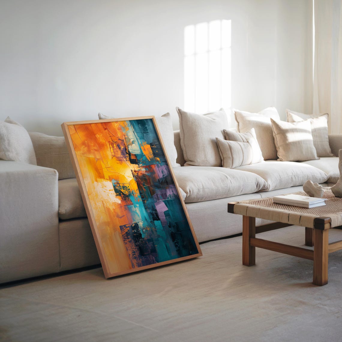 Abstract Expressionism Orange Teal Acrylic Painting Wall Art