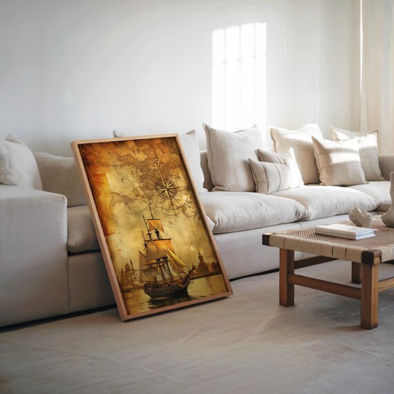 Steampunk Chronicles Sailing Ship Art Historical Map Poster Vintage Maritime Retro Futurism Industrial Wall Decor N