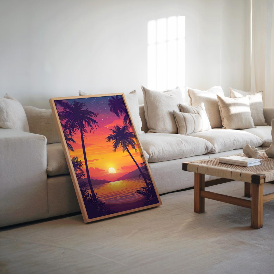 Tropical Sunset Palm Trees Synthwave Vector Art Retrofuturism Ocean Scene Vibrant Color Poster Illustration