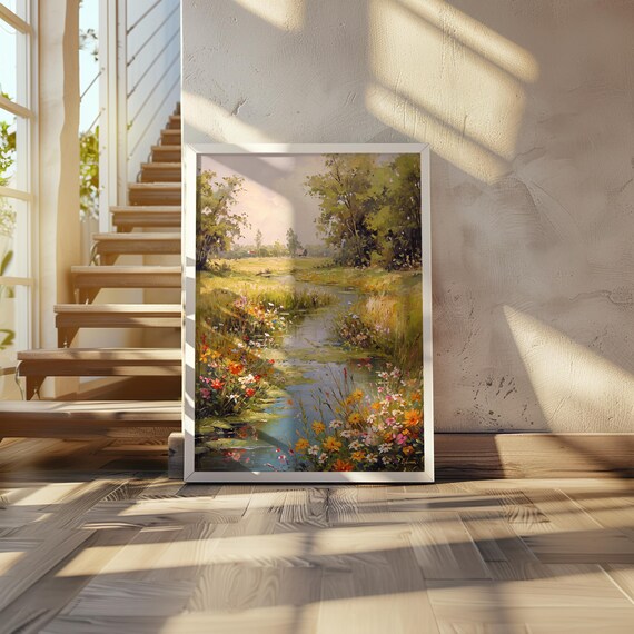 Wildflower Stream Meadow Impressionist Warm Landscape Painting Poster