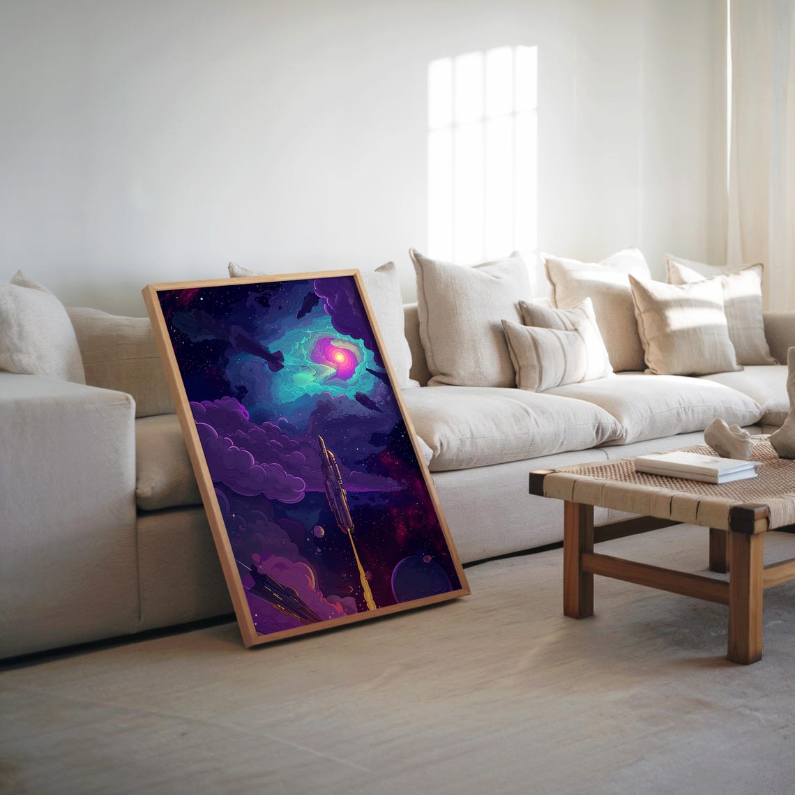 Space Shuttle Launch Neon Purple Cosmic Clouds Retrofuturism Poster