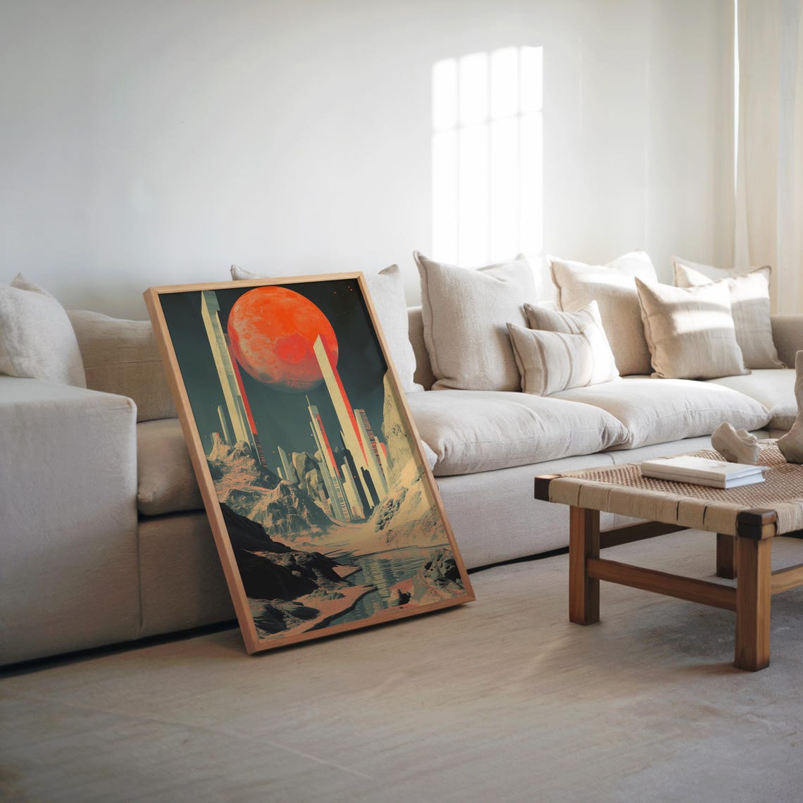 Futuristic Neon City Red Moon Synthwave Retro Sci Fi Landscape Poster