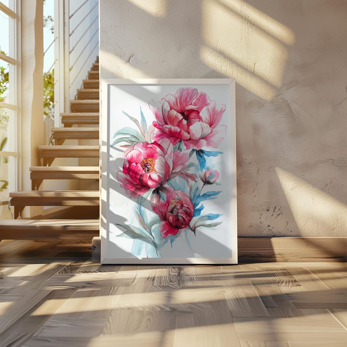 Pink Peonies Watercolor Floral Bouquet Soft Botanical Art Poster