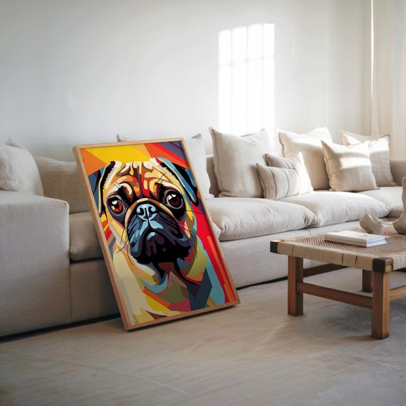 Colorful Pug Portrait Pop Art Vector Illustration Neon Colors Vibrant Background Dog Modern Wall Poster Bright