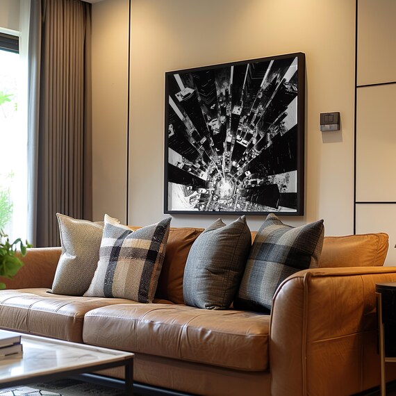Brutalist Cityscape Retrofuturism Ink Art Black White Urban Poster Modern Architecture Print Detailed Collage Grain