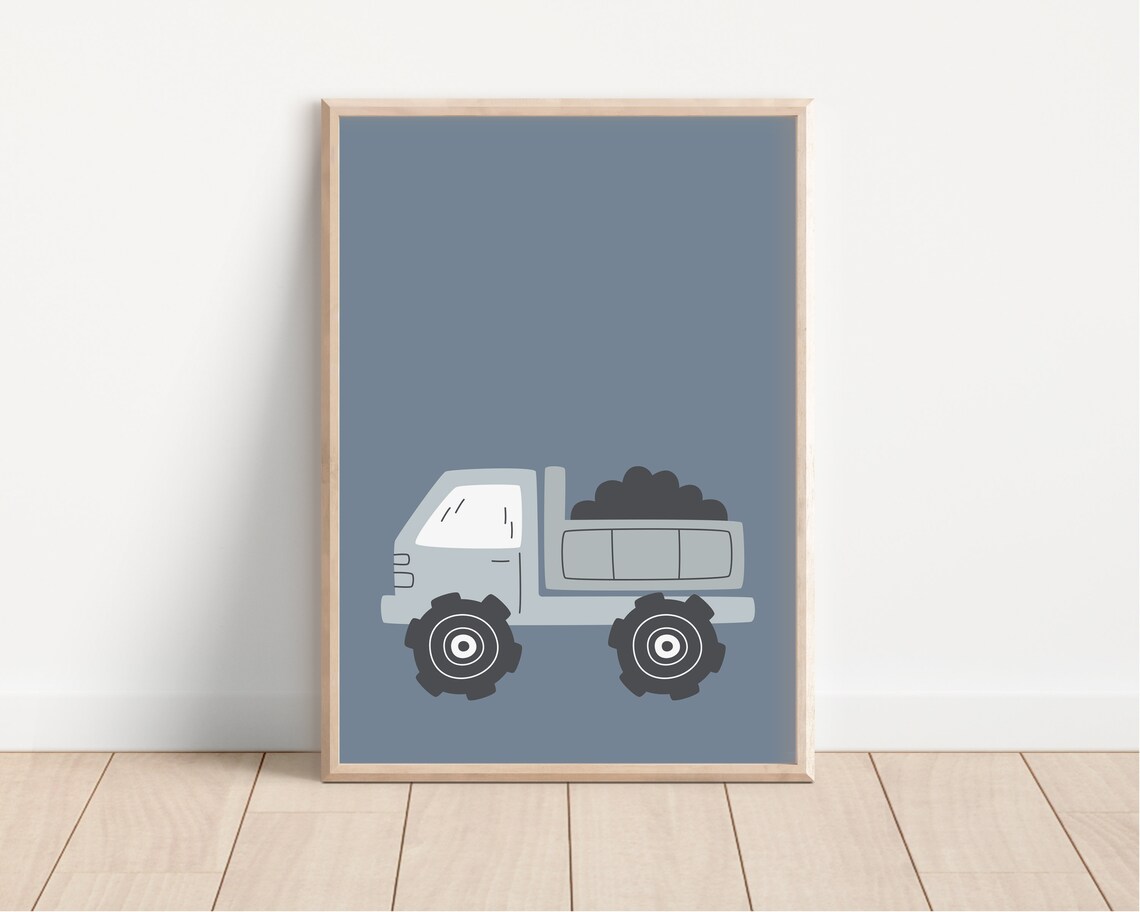 Gray Blue Dump Truck Nursery Kids Construction Vehicle Art Poster
