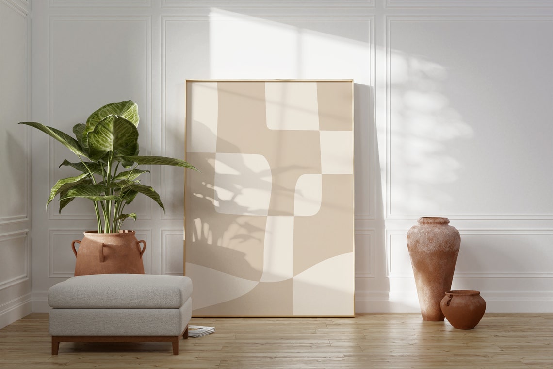 Beige Neutral Abstract Geometric Wavy Checker Modern Decor Poster - Image 2