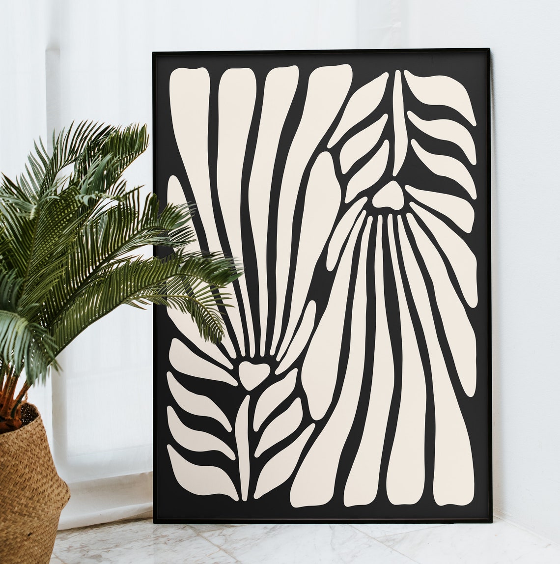 Black Cream Tropical Palm Leaves Bold Botanical Minimalist Poster - Image 3