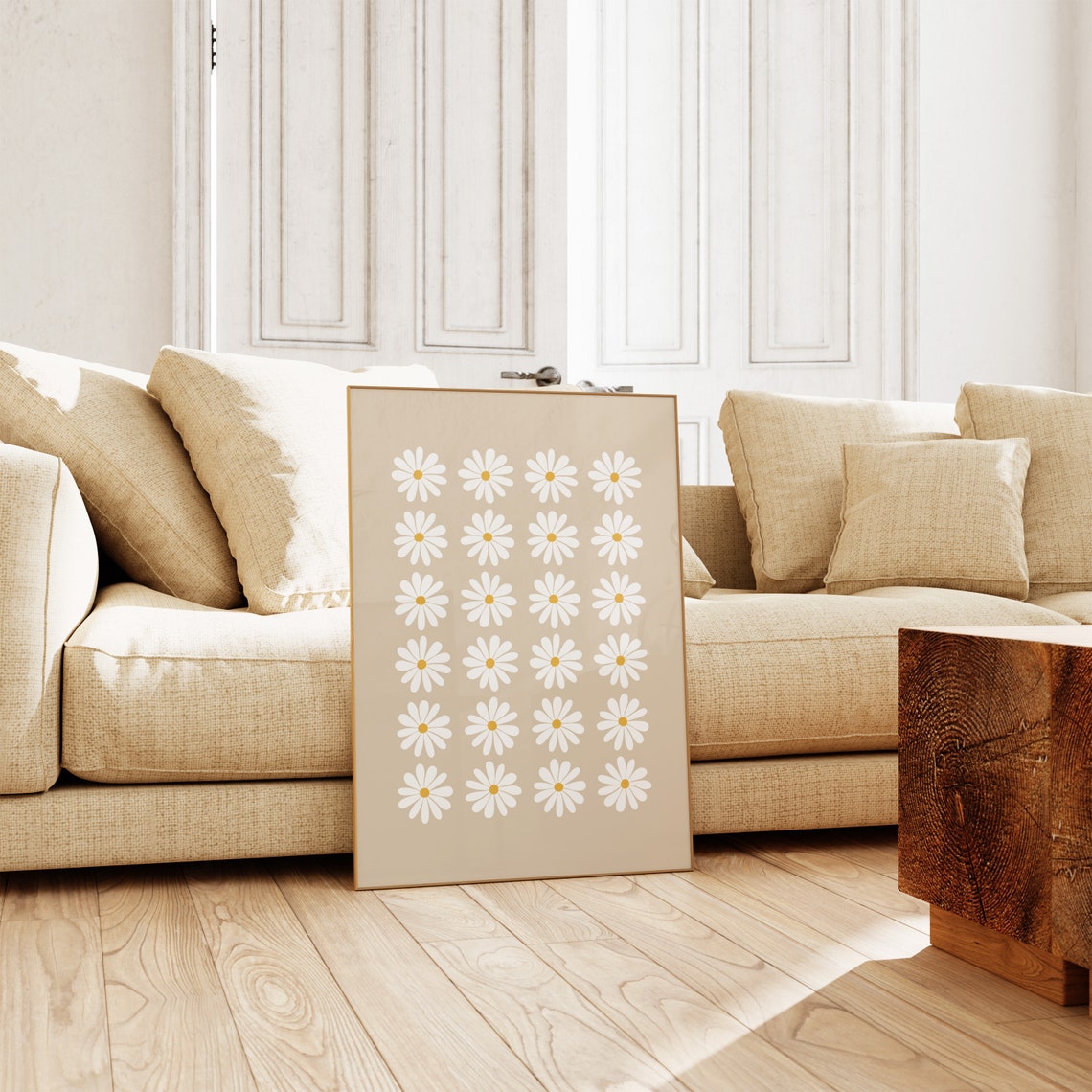 White Daisy Flower Grid Beige Background Nursery Boho Decor Poster - Image 2
