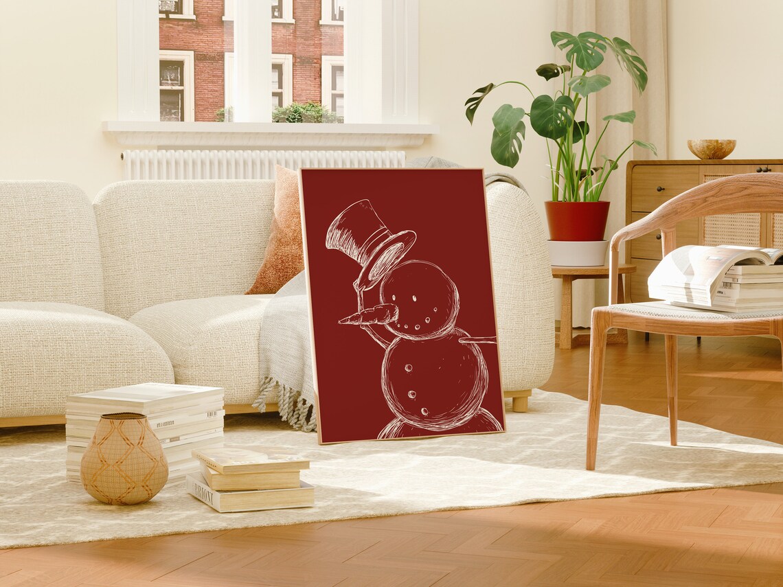 Snowman Line Drawing Red Christmas Holiday Winter Sketch Poster - Image 2