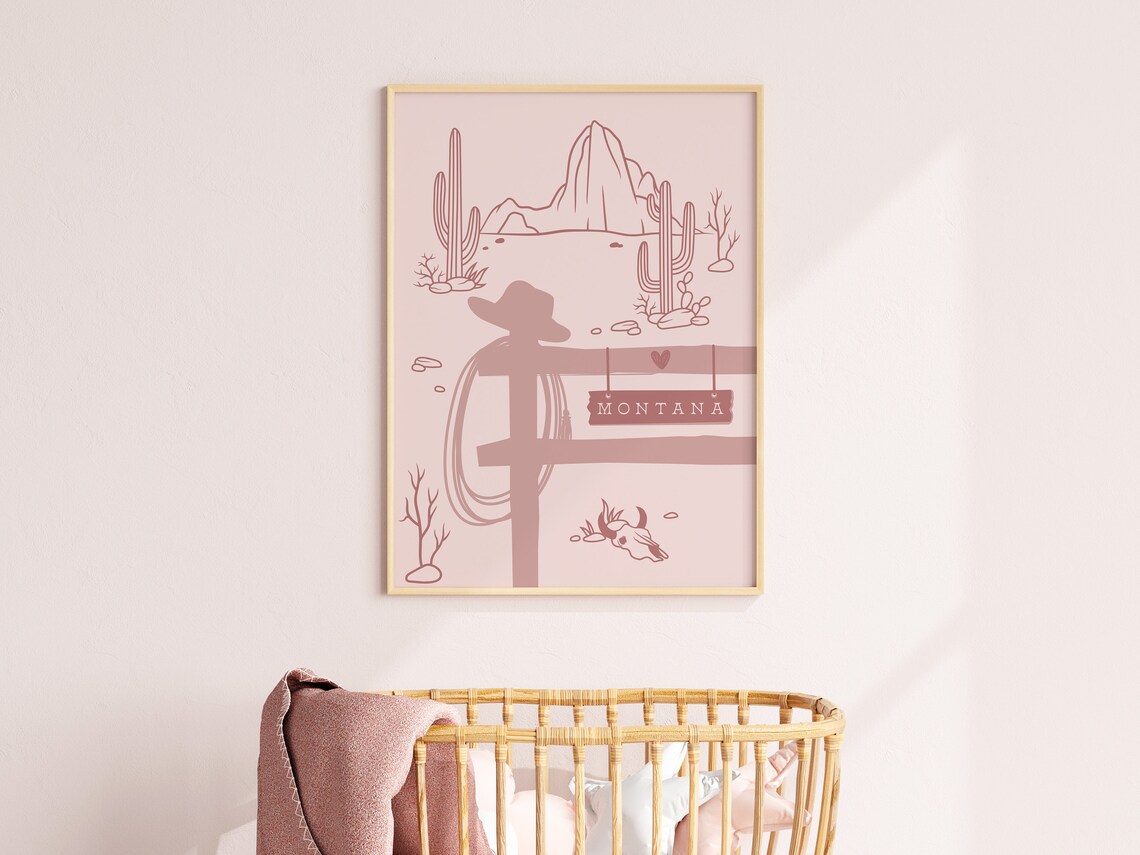 Cowgirl Desert Scene With Name Sign Cactus Ranch Nursery Decor Poster - Image 3