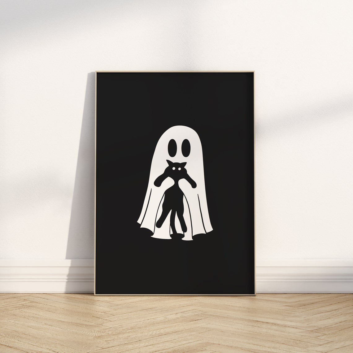 Halloween Ghost Holding Black Cat Spooky Black Background Poster - Image 6