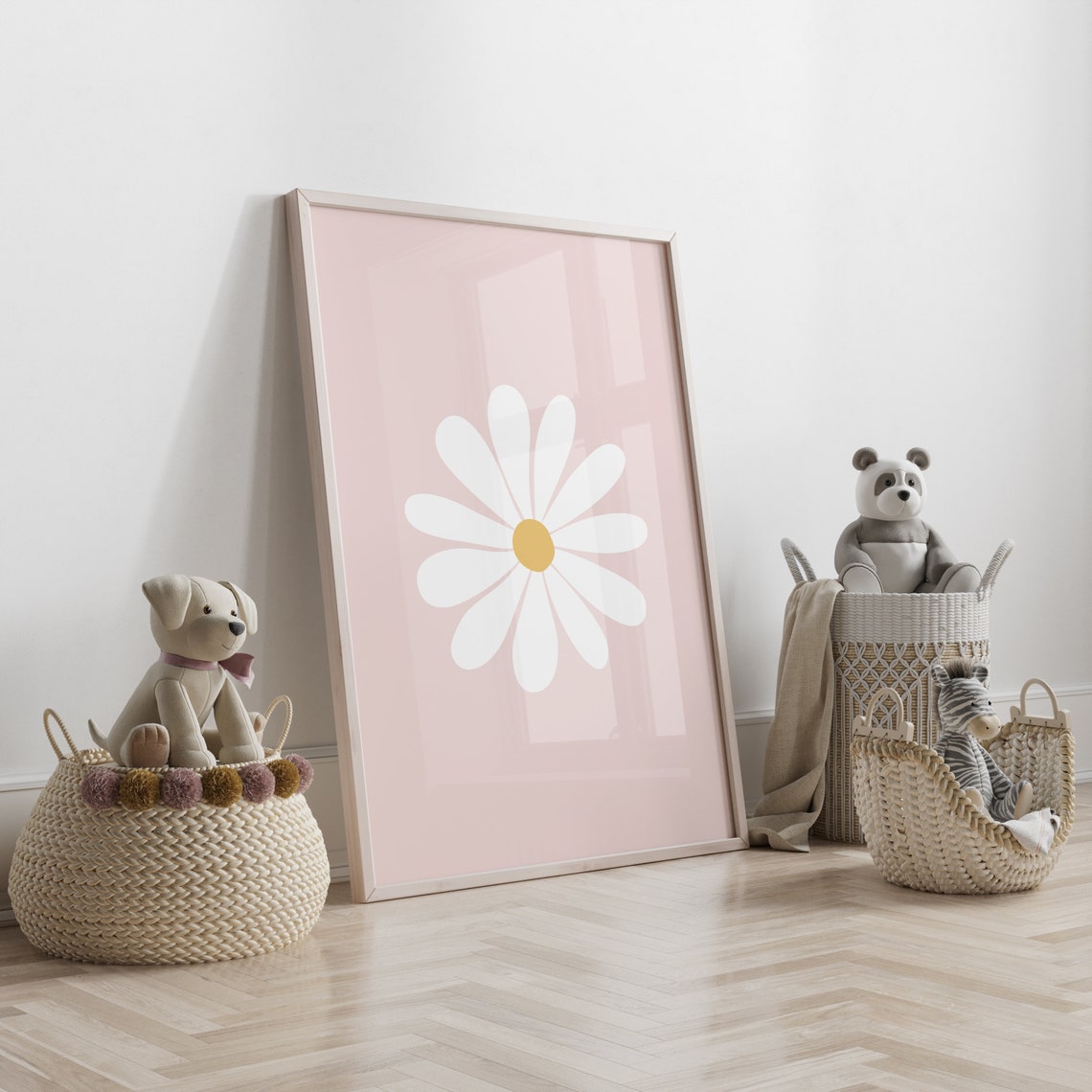 White Daisy Blossom Blush Pink Background Nursery Boho Decor Poster