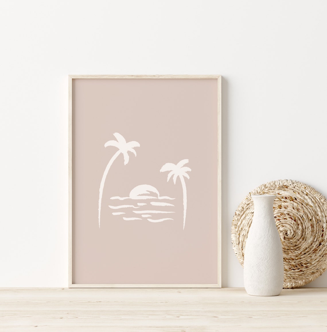 Beige Palm Tree Sunset Beach Minimalist Line Art Coastal Poster