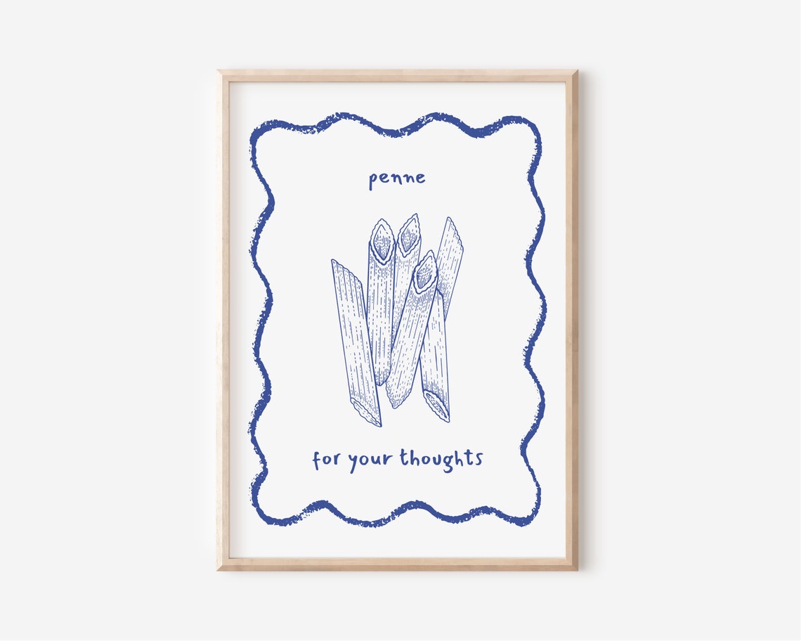 Penne For Your Thoughts Blue Ink Pasta Sketch Punny Kitchen Poster - Image 6